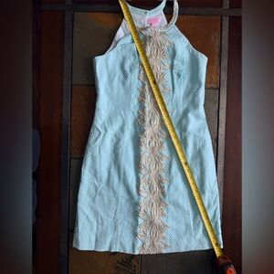 Lilly Pulitzer teal metallic brown embroidery dress luxury size 8 golf beach